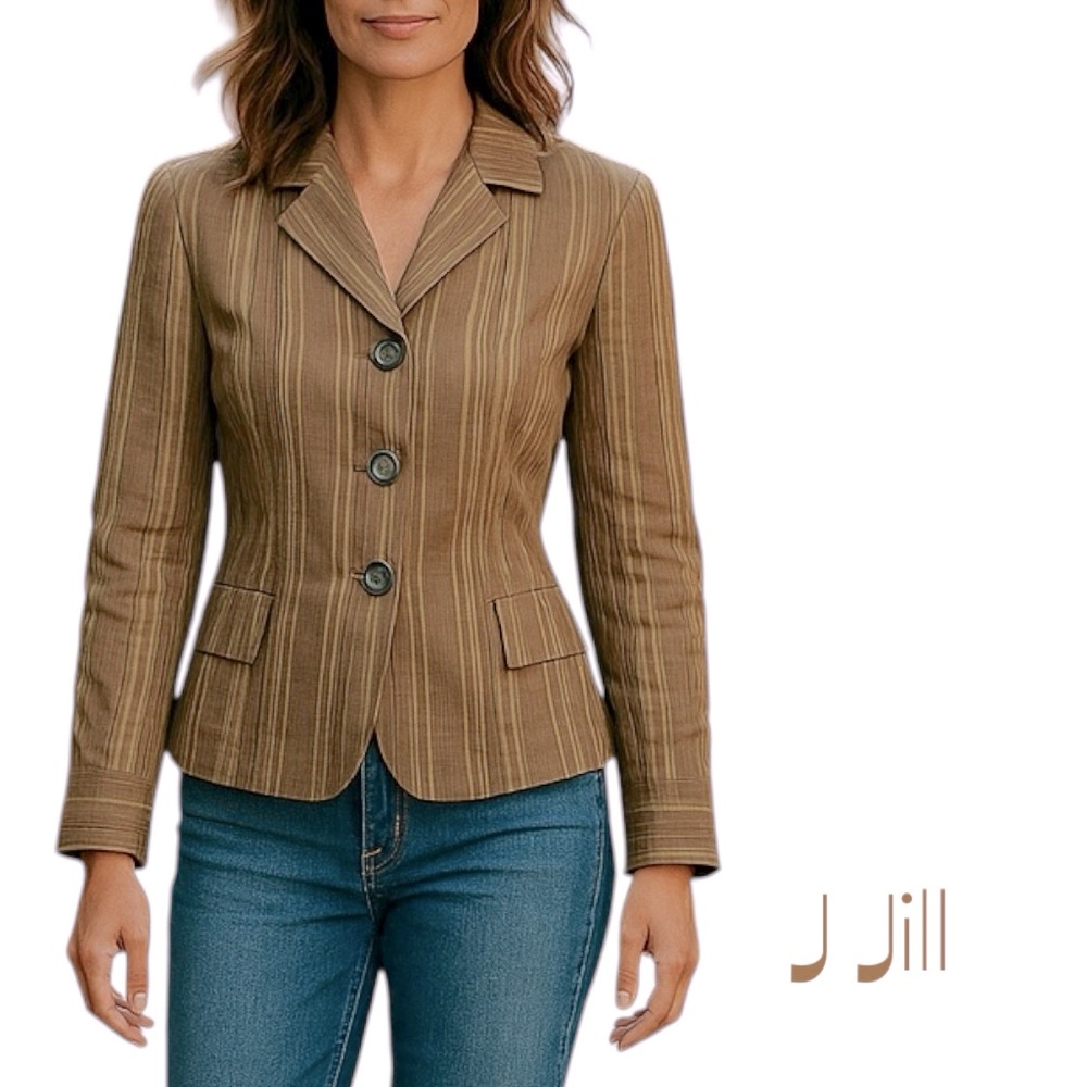 J Jill Tan Cream Gray Striped Blazer Jacket NWOT Size 10